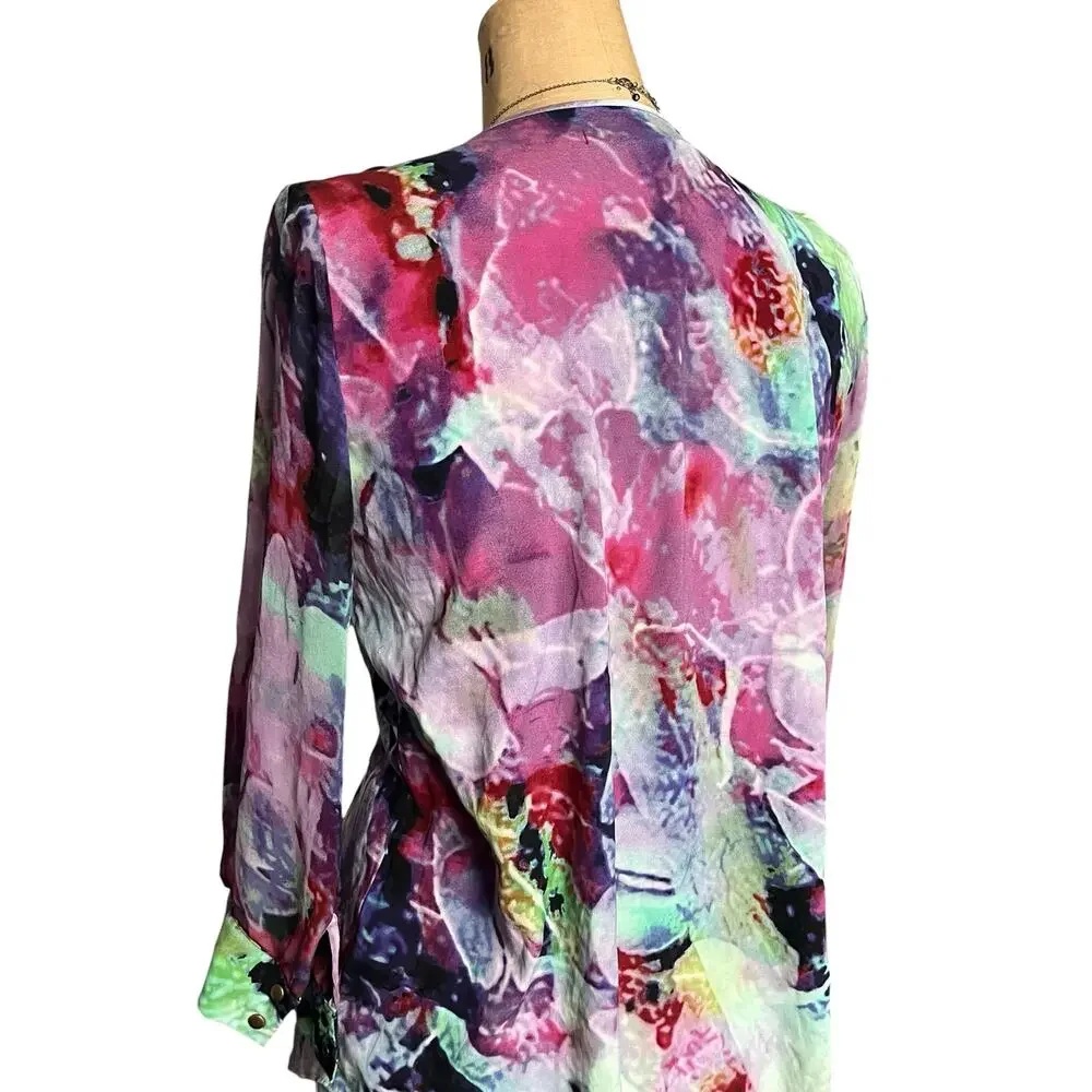 A Common Thread Silk Sheer Multicolor Retro Button‎ Up Blouse Size M - Picture 5 of 8
